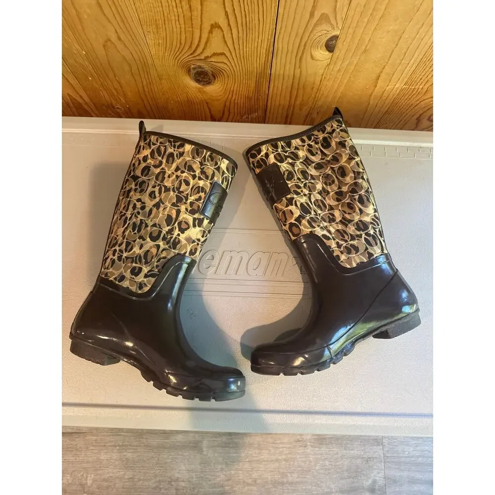 Coach Pearl Rain Boots Women's 7B Brown Leopard Signature C Logo A7513
